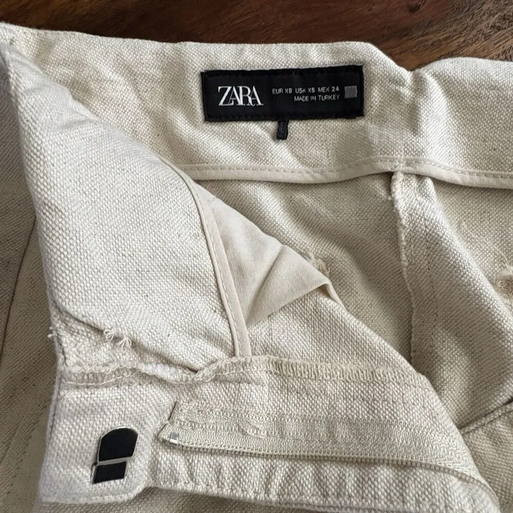 Zara Women Barrrel Leg Pants Cream Cotton Linen Blend Beach Casual Sz XS